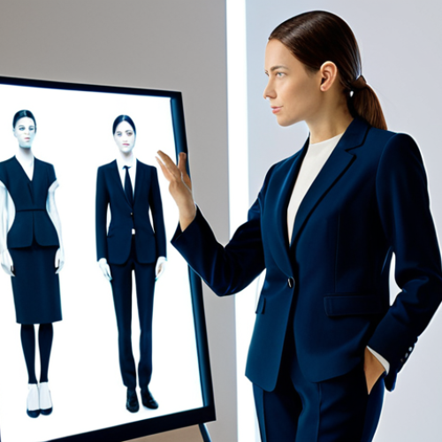 Home 4 A professional female fashion designer, dressed in a chic, modest, dark tailored suit, stands in a bright, modern, minimalist design studio. She is presenting a digital portfolio on a large transparent display screen, which showcases photorealistic 3D virtual fashion models wearing innovative, sustainable designs. On a nearby table, there are carefully arranged swatches of eco-friendly fabrics and a physical mood board. She gestures confidently towards the screen, her expression thoughtful and innovative. Perfect anatomy, correct proportions, natural pose, well-formed hands, proper finger count, natural body proportions, professional photography, high resolution, soft studio lighting, ultra-detailed, safe for work, appropriate content, fully clothed, professional, modest attire.