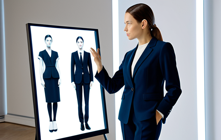A professional female fashion designer, dressed in a chic, modest, dark tailored suit, stands in a bright, modern, minimalist design studio. She is presenting a digital portfolio on a large transparent display screen, which showcases photorealistic 3D virtual fashion models wearing innovative, sustainable designs. On a nearby table, there are carefully arranged swatches of eco-friendly fabrics and a physical mood board. She gestures confidently towards the screen, her expression thoughtful and innovative. Perfect anatomy, correct proportions, natural pose, well-formed hands, proper finger count, natural body proportions, professional photography, high resolution, soft studio lighting, ultra-detailed, safe for work, appropriate content, fully clothed, professional, modest attire.
