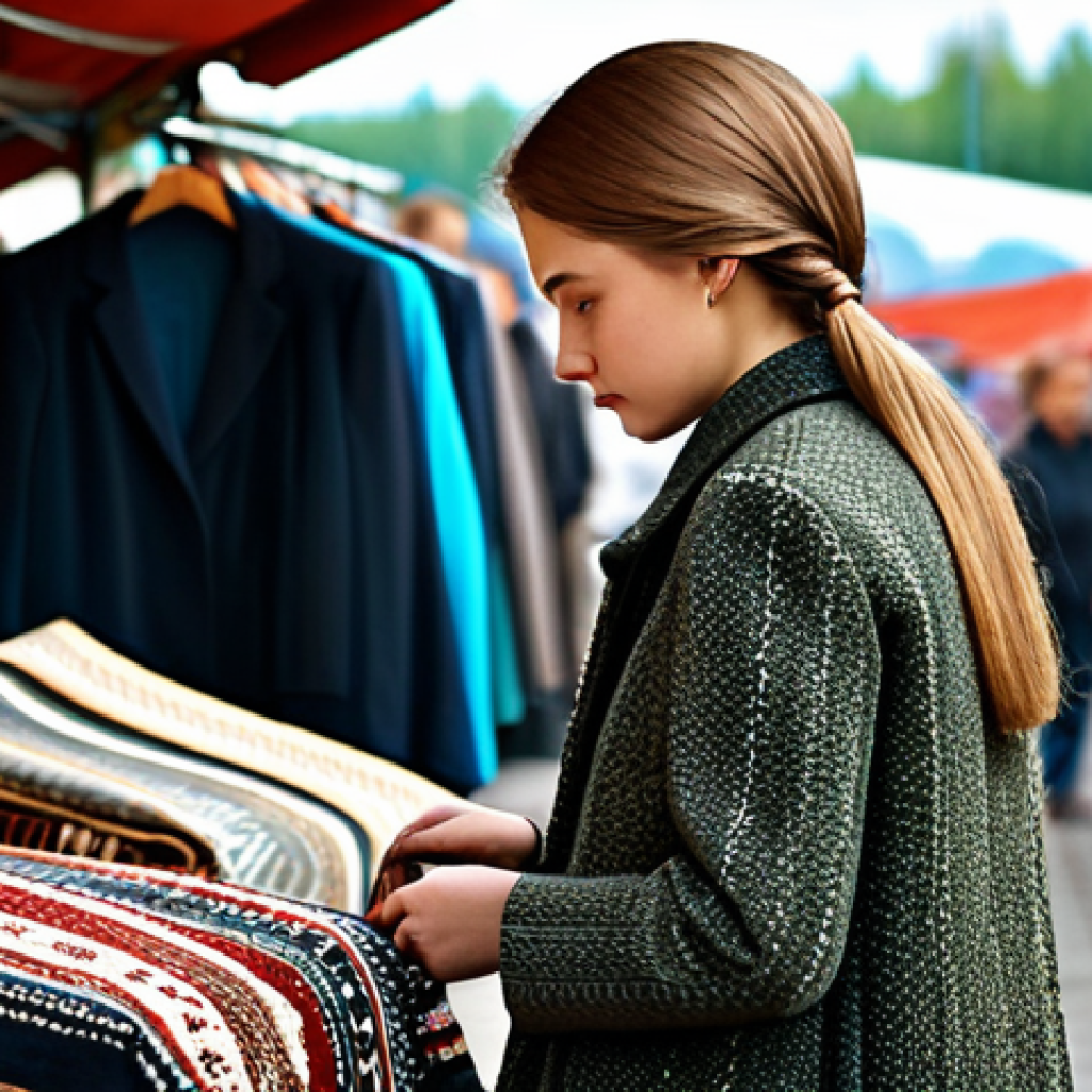 **

A stylish young woman, fully clothed in a modest and fashionable outfit with ethnic-inspired patterns. She is browsing a curated selection of vintage clothing at a bustling Moscow flea market. Background includes blurred stalls with other vendors and shoppers. Safe for work, appropriate content, professional quality, perfect anatomy, natural proportions.

**