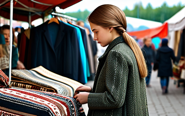 **

A stylish young woman, fully clothed in a modest and fashionable outfit with ethnic-inspired patterns. She is browsing a curated selection of vintage clothing at a bustling Moscow flea market. Background includes blurred stalls with other vendors and shoppers. Safe for work, appropriate content, professional quality, perfect anatomy, natural proportions.

**