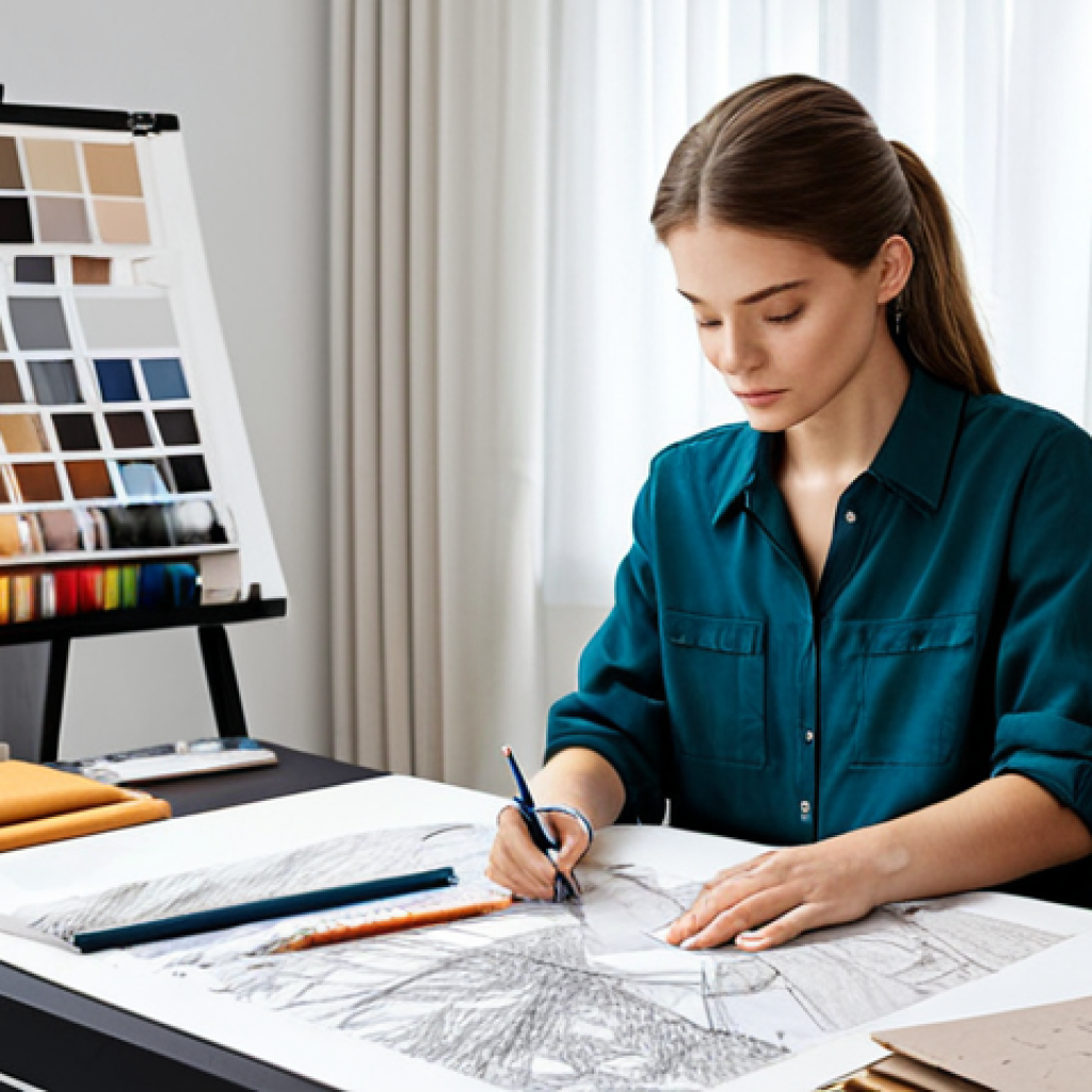 **

"A professional fashion designer in a modern studio, sketching designs at a drafting table, surrounded by fabric swatches and inspiration boards, fully clothed, appropriate attire, safe for work, perfect anatomy, natural proportions, studio setting, professional photography, high quality, family-friendly."

**