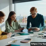 Home 21 패션디자인과 콜라보레이션 전략 - A stylish fashion collaboration meeting scene in a modern, sunlit office space in Moscow, featuring ...