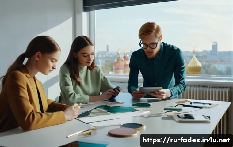 패션디자인과 콜라보레이션 전략 - A stylish fashion collaboration meeting scene in a modern, sunlit office space in Moscow, featuring ...