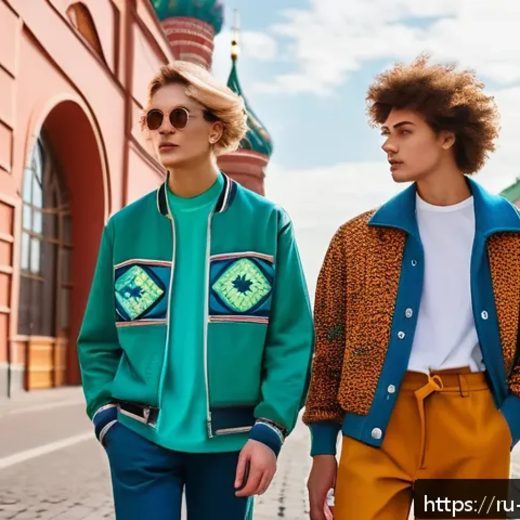 패션디자인과 패션리서치 방법 - A stylish urban street scene in Moscow featuring diverse young adults showcasing eco-friendly fashio...