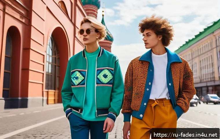 패션디자인과 패션리서치 방법 - A stylish urban street scene in Moscow featuring diverse young adults showcasing eco-friendly fashio...