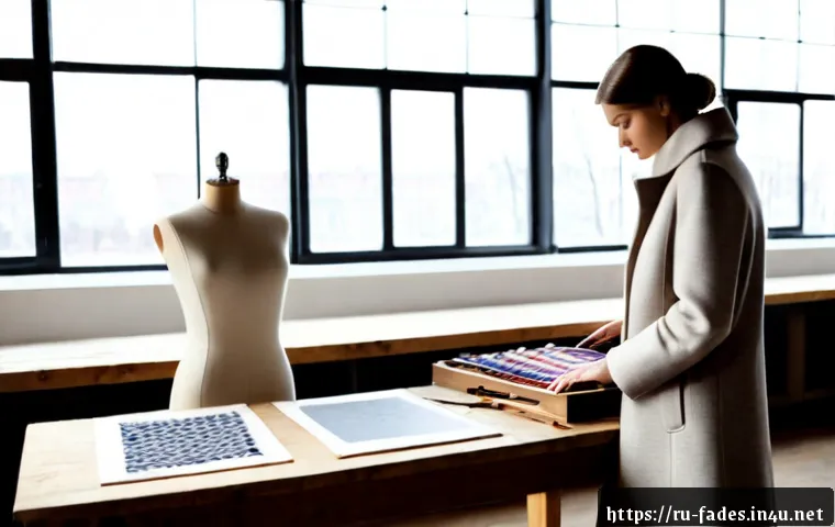 패션디자인과 패션뮤직비디오 - Photorealistic fashion design studio in Moscow, a young designer arranging richly textured fabric sw...