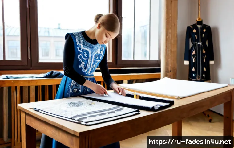 Home 17 패션디자인과 문화 산업 - Photorealistic fashion design studio in Moscow, a young Russian designer arranging elegant garment s...